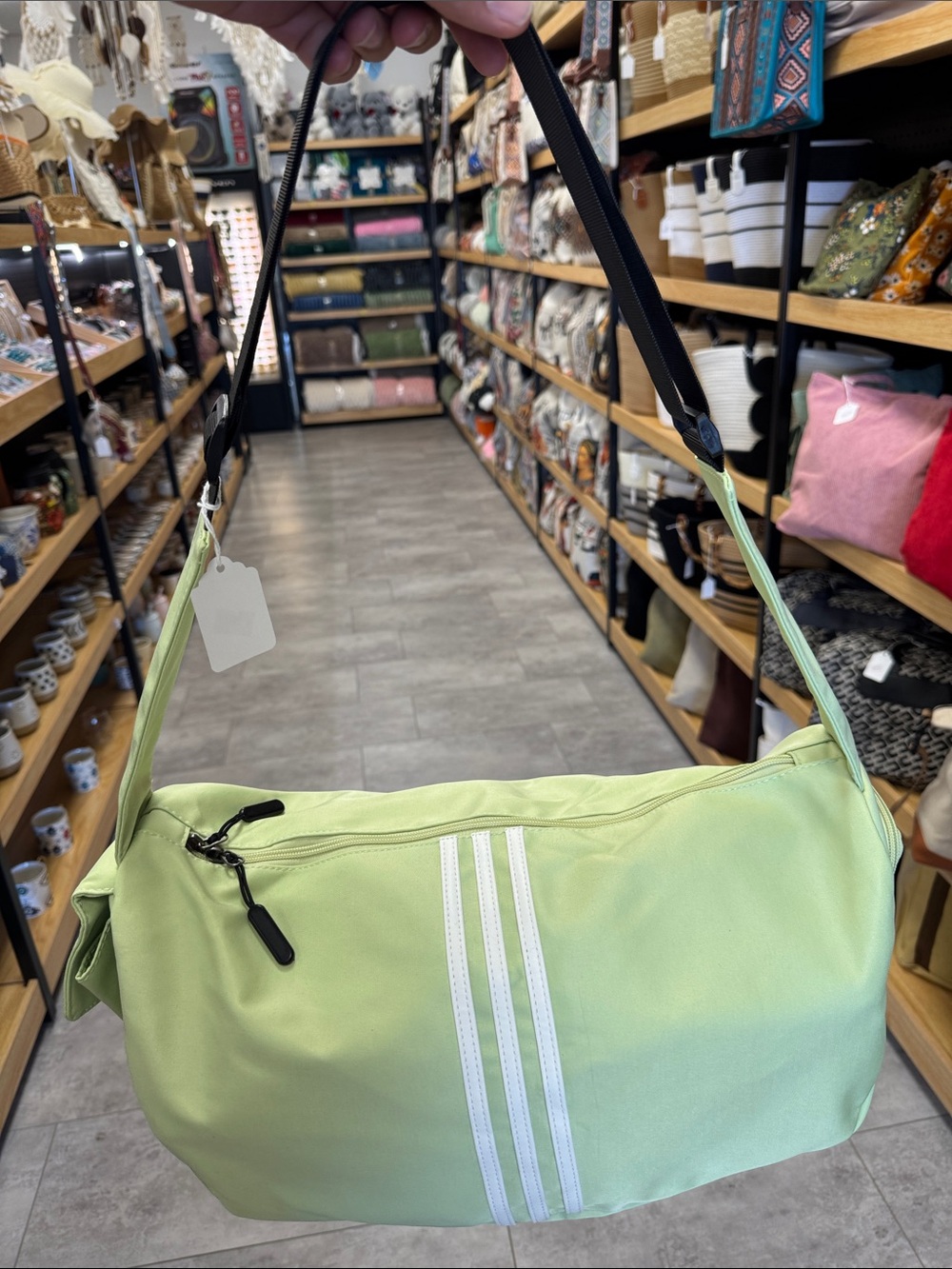 Light Green Men's Shoulder Duffel Bag with White Stripe